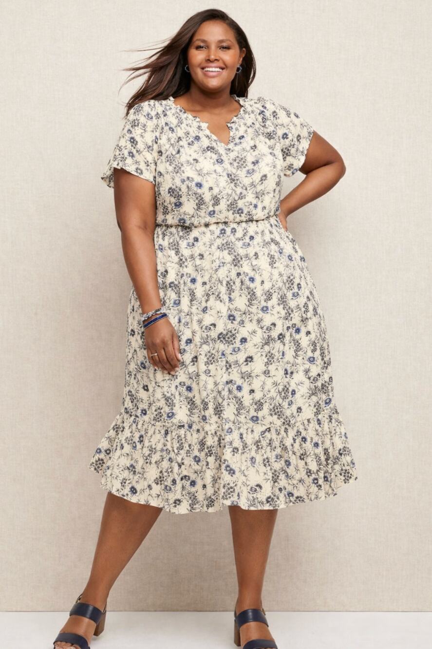 Talbots Plus Size 3X Cream Blue Floral Midi Dress Cottagecore Career Work Church